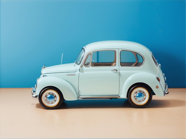 Style Beige Toy Car on Blue Background