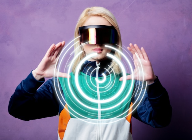 Photo style blonde woman in 90s clothes and vr glasses