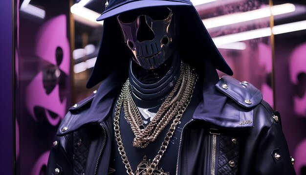 In the style of daft punk standing in an ultraviolet lit dystopian jewelry store wearing extremely