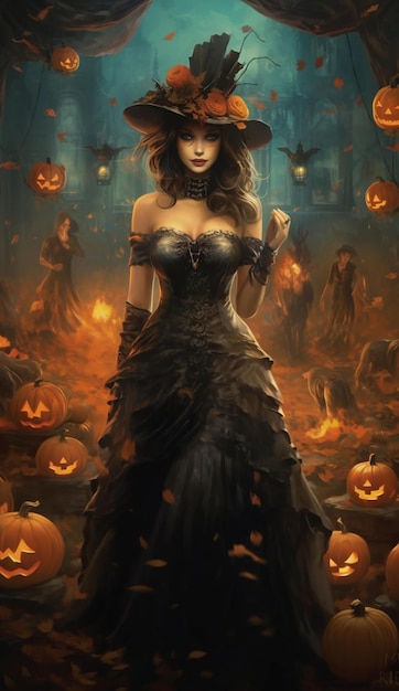In the style of a detailed illustration a woman in a Halloween costume stands next to a pumpkin