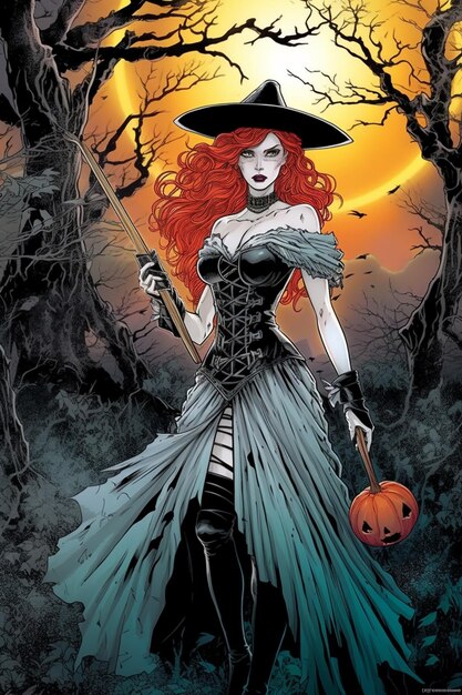 В стиле подробной иллюстрации женщина в костюме Хэллоуина стоит рядом с тыквой