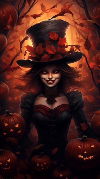 In the style of a detailed illustration a woman in a Halloween costume stands next to a pumpkin