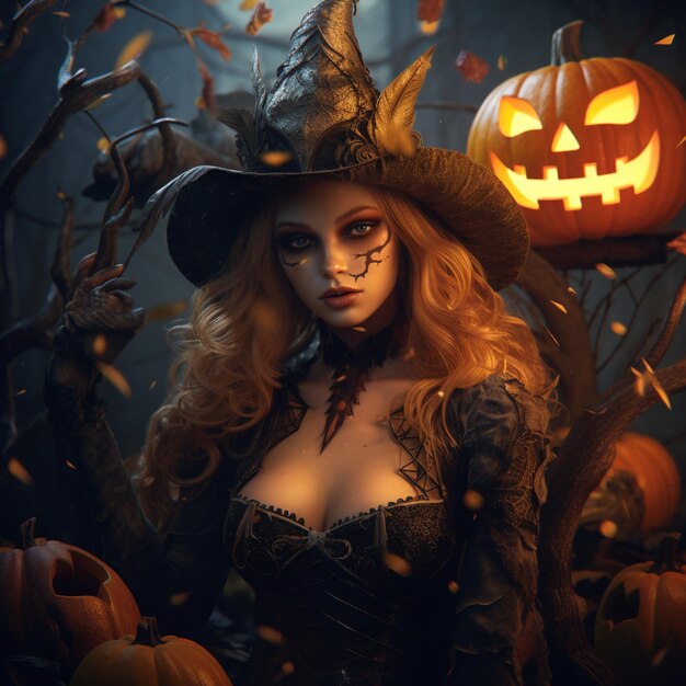 In the style of a detailed illustration a woman in a Halloween costume stands next to a pumpkin