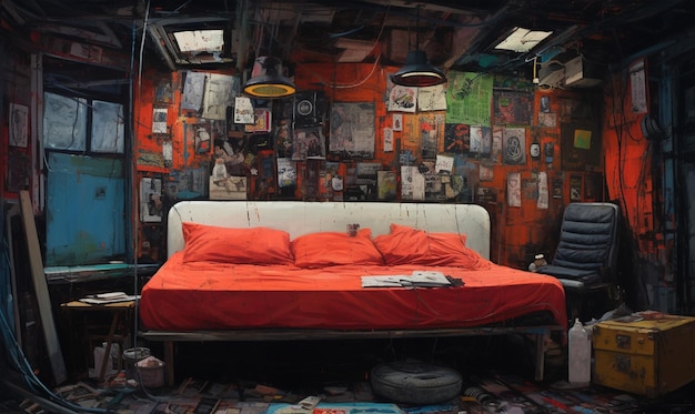 Style of dirty messy bedroom walled room photorealistic paintings Generative AI