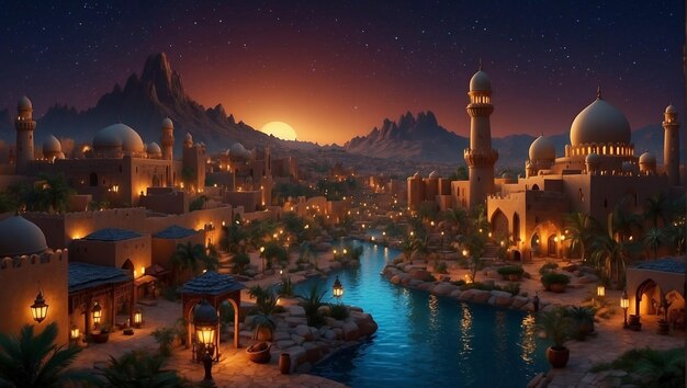 Фото Стиль фантастического мира пейзаж, который представляет рамадан арабская ночь