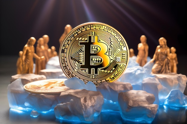 in the style of holography skyblue and bronze bitcoin