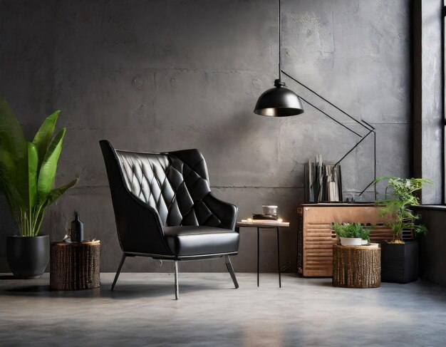 Фото Интерьер в стиле лофт с черным кожаным креслом на темной цементной стене