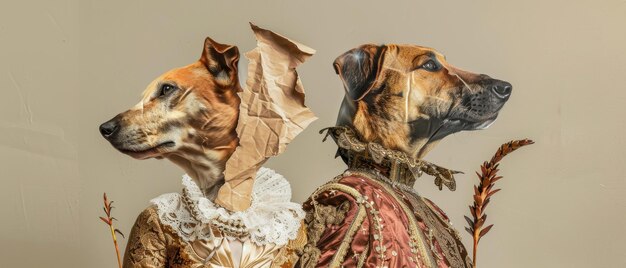 Foto nello stile della regalità medievale i modelli indossano abbigliamento vintage e sono guidati da cani sullo sfondo c'è uno sfondo vintage scuro è raffigurato un confronto di opere d'arte dell'era rinascimentale in stile barocco