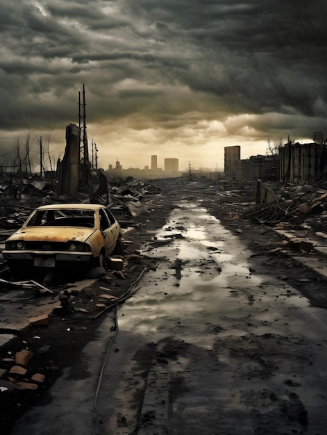 In the style of post apocalyptic photography a metropolis is decimated by nuclear bombing