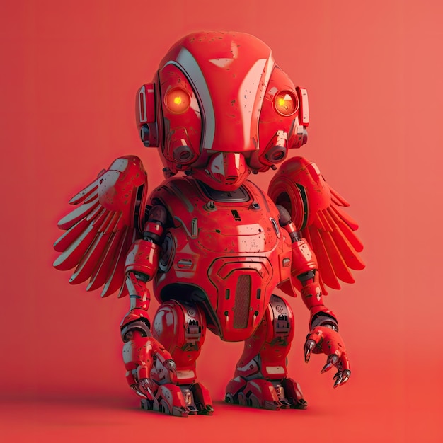 빨간색 배경에 날개가 있는 스타일 로봇