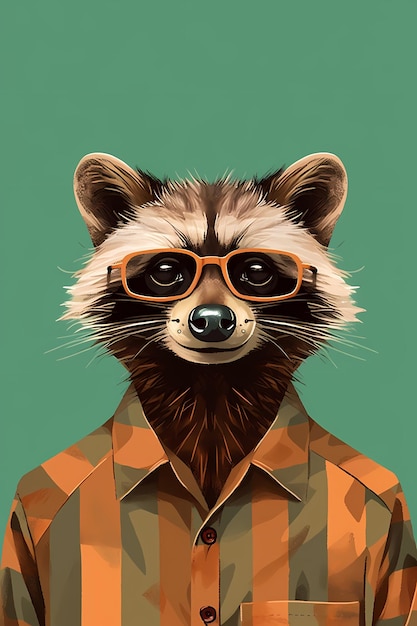 The style of a small raccoon is simplified and stylized in this illustrated art bust portrait