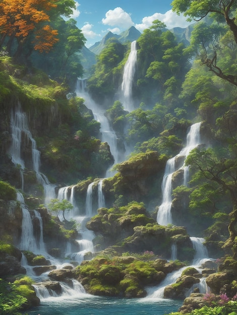 Style ultra realistic garden of Eden beautiful waterfall beautiful colorful trees