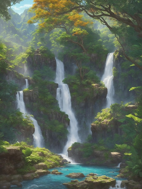Стиль ультра реалистичный сад Эдема красивый водопад красивые красочные деревья