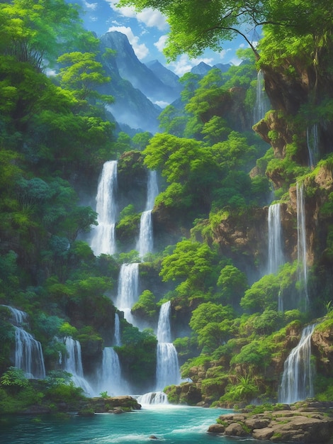 Style ultra realistic garden of Eden beautiful waterfall beautiful colorful trees