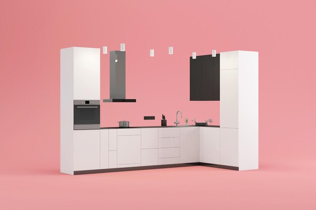 Photo style white kitchen interior on pink studio background