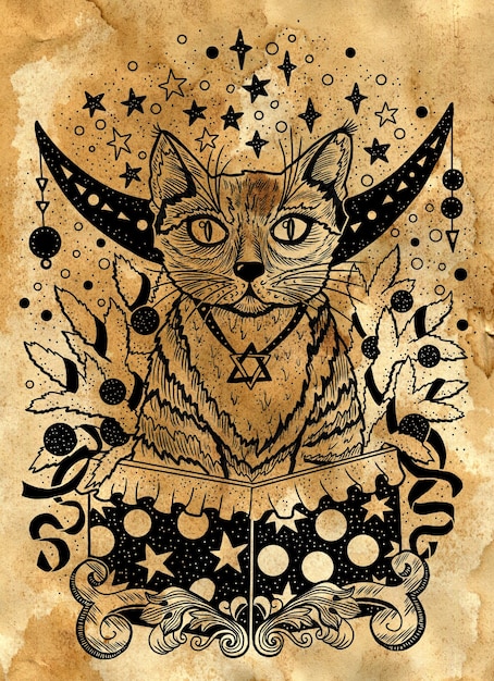Styled grunge illustratie met kat zit in geschenk doos tegen oud papier