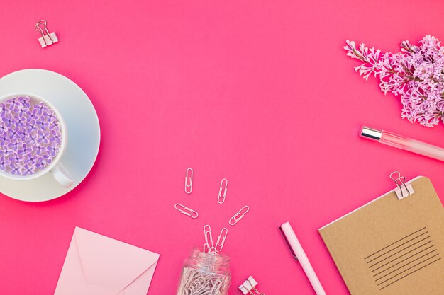 Styled pink feminine workspace flat lay