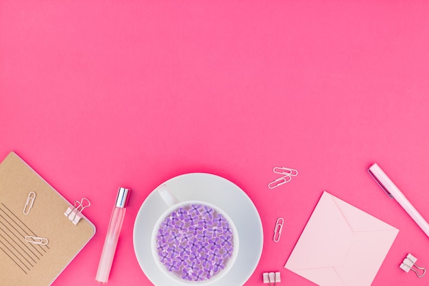 Styled pink feminine workspace flat lay