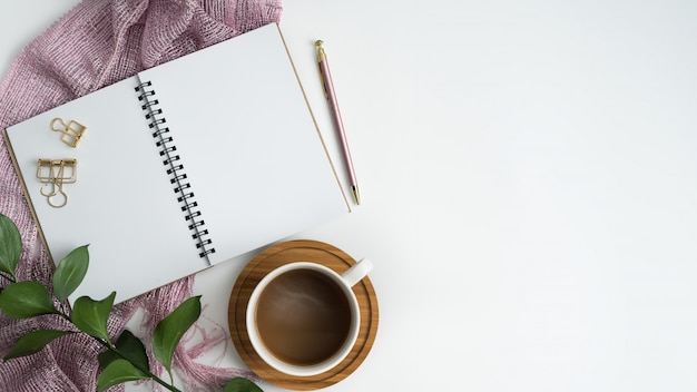 Styled stock photography white office desk table with blank notebook and coffee cup. 