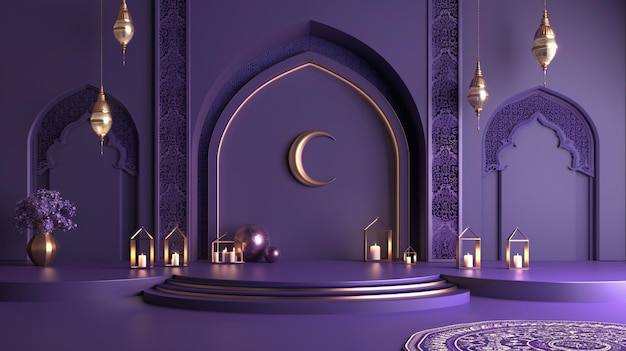 Stylish 3D banner for Islamic holiday in lavender color scheme featuring podium lantern moon and mosque with beautiful Eid greeting