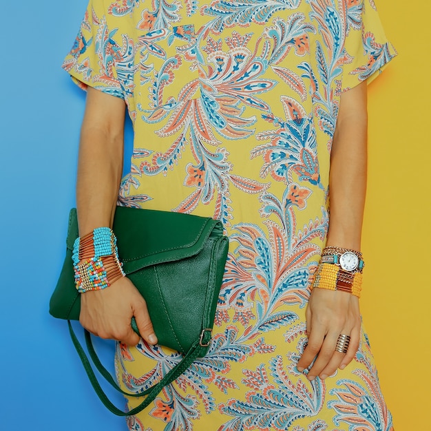 Stylish Accessories. Bag and Jewelry. Bright Summer Prints. Be in trend .