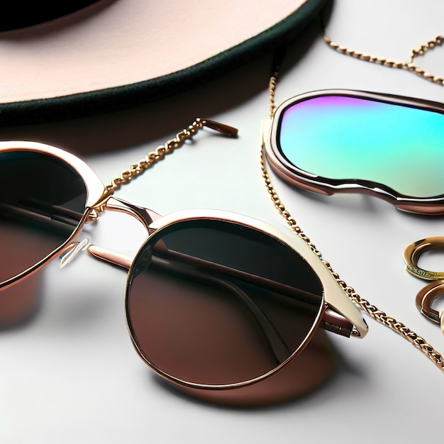 Stylish accessories with sunglasses on light background real