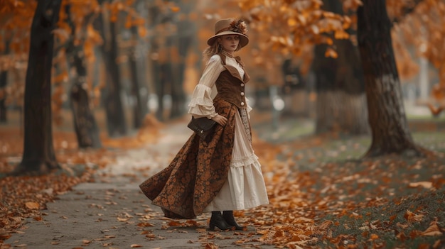 A stylish adult girl in a glamorous outfit that is suitable for late autumn in a European park