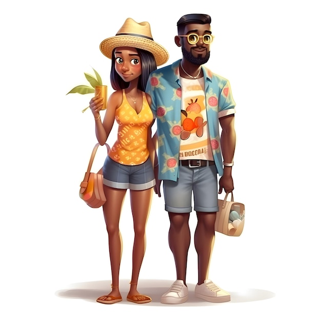 Stylish african american couple in summer clothes with a cocktail and a bag