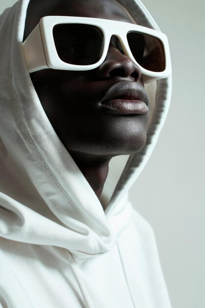 Photo a stylish african american man in a white hoodie and futuristic sunglasses presents a modern urban look
