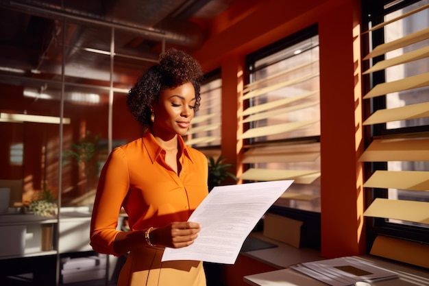 오렌지색 슈트를 입은 세련된 아프리카계 미국인 여성 매니저가 서류를 다루고 있습니다.