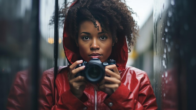 Stylish african american woman in the rain ultra realistic portrait 2015