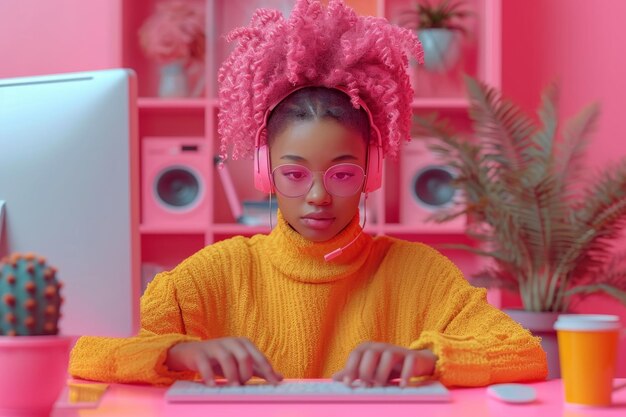 Photo a stylish african american woman works in an office at a computer with headphones