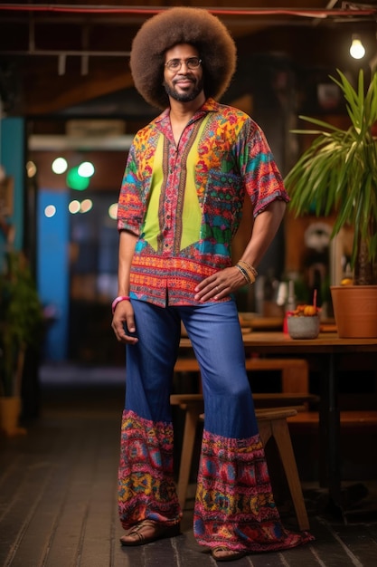 Foto elegante uomo africano in dashiki colorati e jeans bellbottom