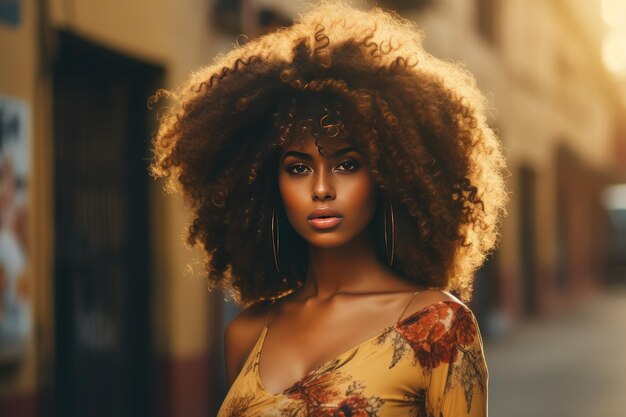 Stylish Afro woman on city street Urban fashion portrait summer lifestyle