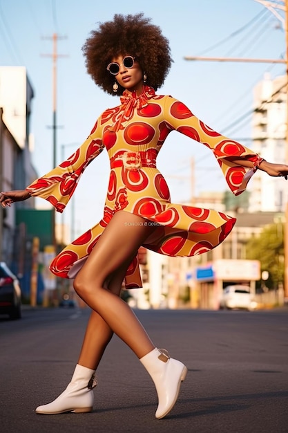 Foto elegante donna afro in abito mod