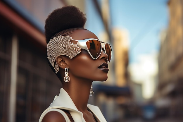 Stylish Afro woman in sunglasses on city street Urban fashion portrait summer lifestyle