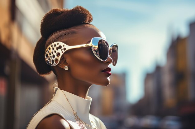 Stylish Afro woman in sunglasses on city street Urban fashion portrait summer lifestyle