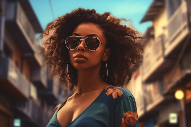 Стильная афро-женщина в солнцезащитных очках на городской улице Портрет городской моды Летний образ жизни