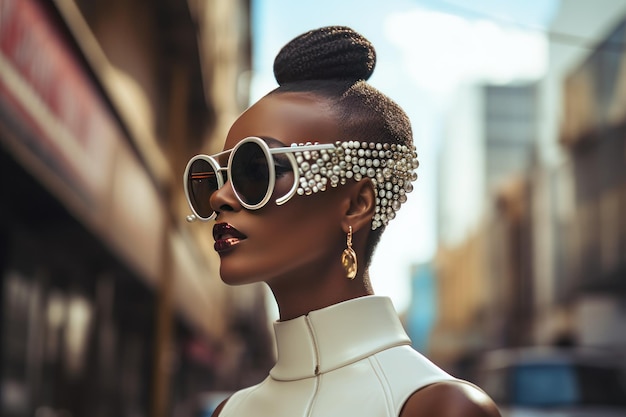 Stylish afro woman in sunglasses on city street urban fashion portrait summer lifestyle