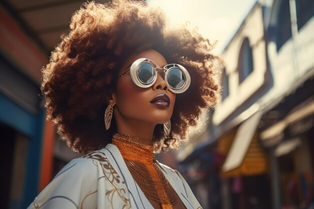 Stylish Afro woman in sunglasses on city street Urban fashion portrait summer lifestyle