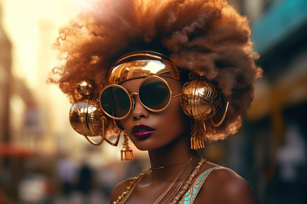 Stylish Afro woman in sunglasses on city street Urban fashion portrait summer lifestyle