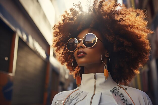 Stylish Afro woman in sunglasses on city street Urban fashion portrait summer lifestyle