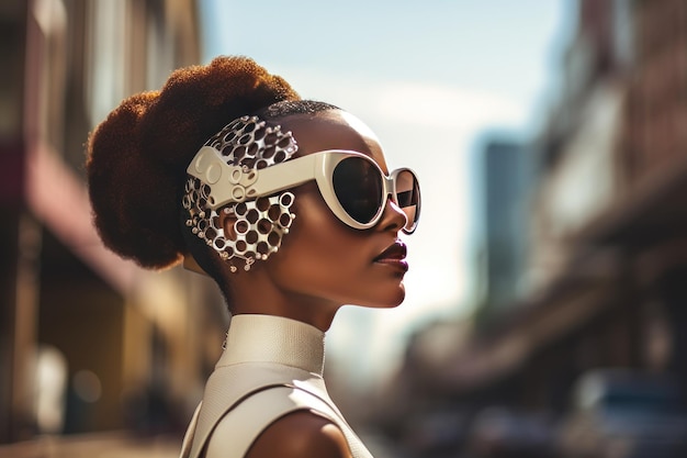 Foto stylish afro donna con occhiali da sole sulla strada della città ritratto di moda urbana stile di vita estivo