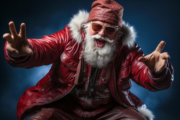 Photo stylish aged santa rocker with playful emotion with comic grimace on dark blue background