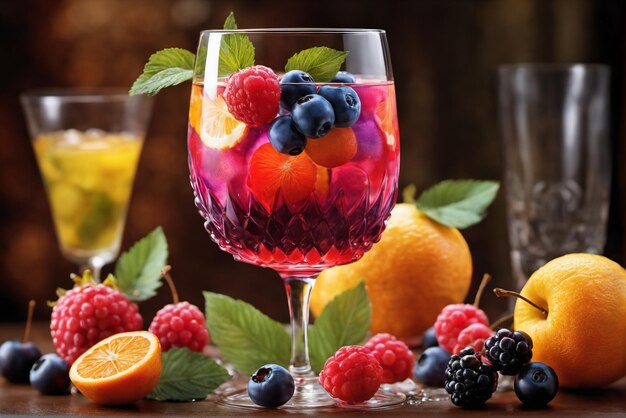 Stylish antique glass filled with fresh fruit drinks and a fruit backdrop