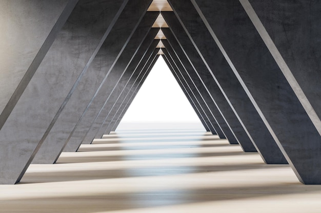 세각형 효과를 형성하는 콘크리트 슬래브와 함께 스타일리시 아키텍처 디자인 터널 배경 밝은 바닥 그림자  ⁇ 빛 반점과 빈  ⁇ 색 출구 3D 렌더링에 전면 전망