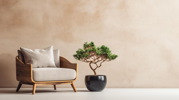 Stylish armchair and bonsai tree in wooden pot