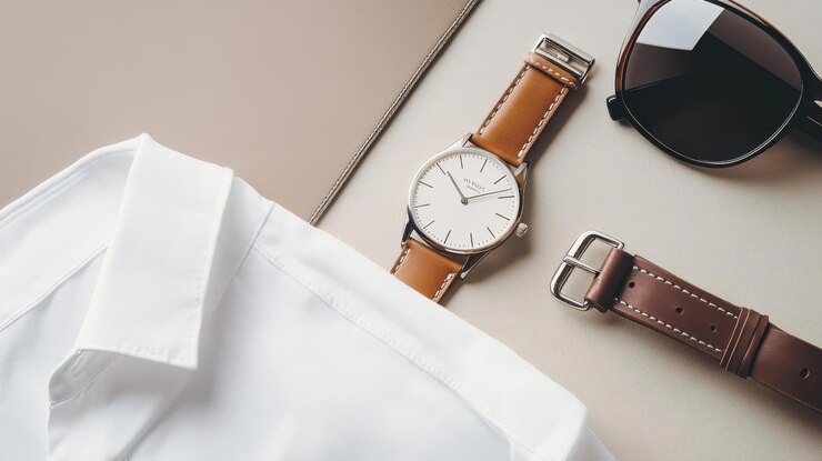 A stylish arrangement featuring a watch sunglasses and a shirt reflecting a chic lifestyle
