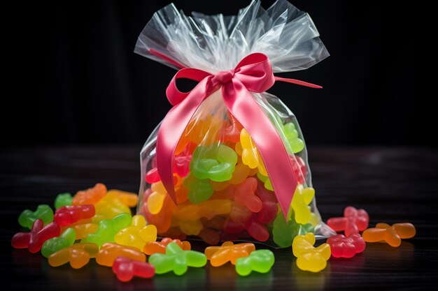 Фото stylish arrangement of jelly beans in a clear cellophane bag tied with a bow