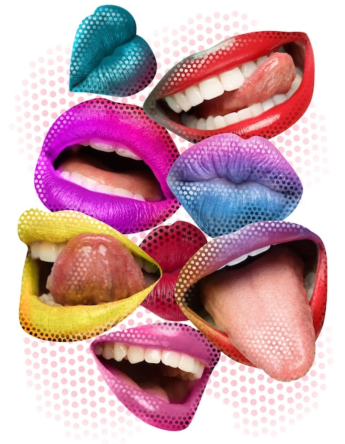 Фото Стильный художественный коллаж различные губы на белом фоне